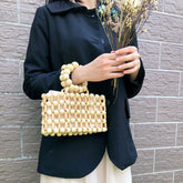 Pochette rétro tissée à la main avec perles en bois naturel, sac de plage cubique transparent